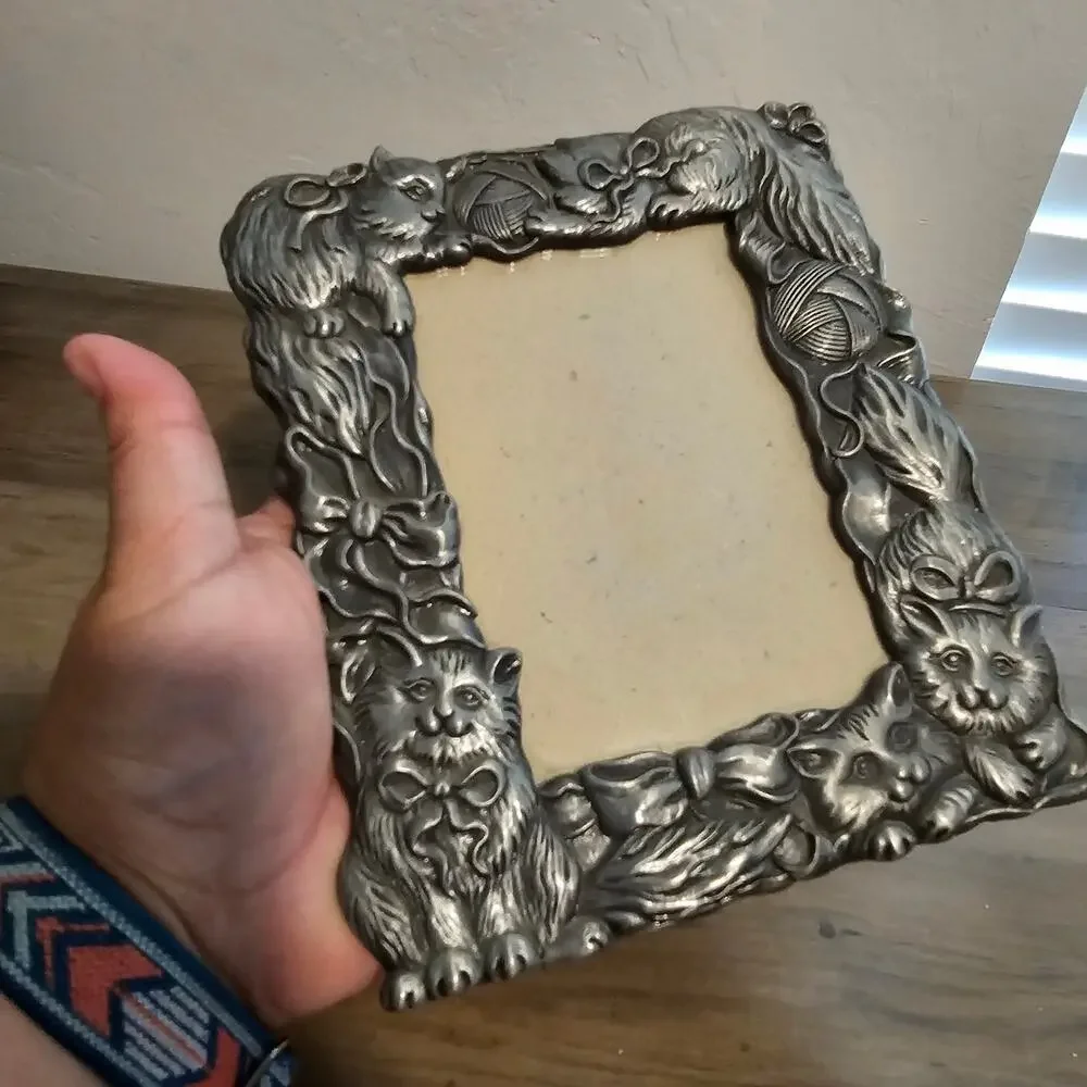 Vintage Pewter Cat Picture Frame MCM Classic Collectible Kitty Kittens Retro 80s